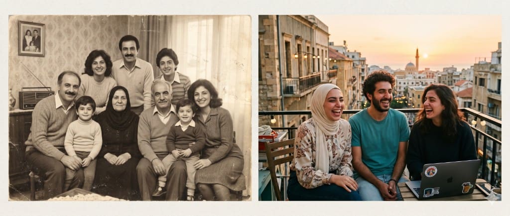 A heritage family portrait beside young Lebanese friends at sunset — Lebanon’s past and present.