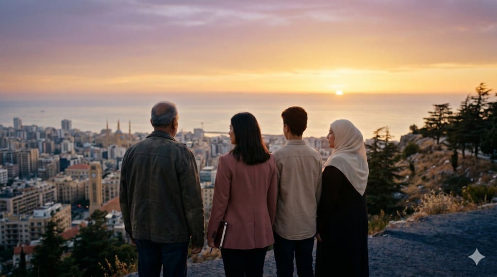 Four people standing together at sunset, looking toward a coastal city and the sea.